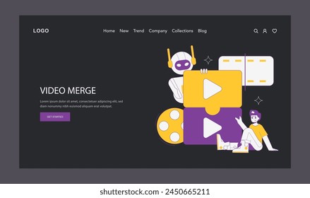 AI-driven video editing platform concept. A robot manipulating filmstrip and a user with play button elements. Streamlining video production process. Vector illustration.