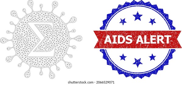 AIDS Alert scratched stamp seal, and Sigma coronavirus icon mesh model. Red and blue bicolor stamp contains AIDS Alert text inside ribbon and rosette. Abstract flat mesh Sigma coronavirus,