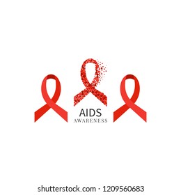 AIDS awareness poster with three red ribbons on white background. Symbol of acquired immune deficiency syndrome. Medical concept. Vector illustration.