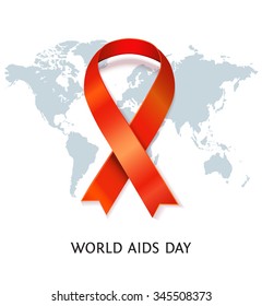 AIDS awareness red satin ribbon on world map background. Vector illustration of symbol for solidarity with HIV-positive people