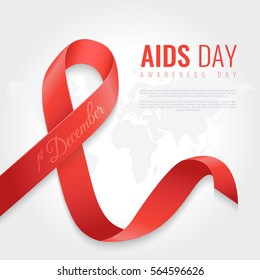 Aids awareness ribbon background. World aids day. 1 December is a dayof aids awareness in the world. Red ribbon. Vector illustration