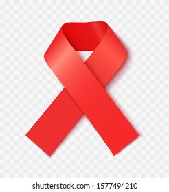 AIDS awareness ribbon realistic vector illustration. HIV virus prevention and acquired immune deficiency syndrome concern symbol. Red color silk ribbon isolated on transparent background