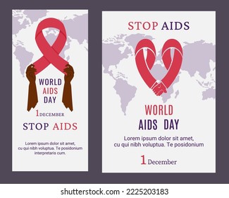 AIDS day. African American holding red ribbon. Support for hiv infected people. Awareness of AIDS. Tape in shape of heart,  lettering. Vector illustration for poster template	