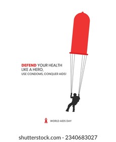 AIDS Day creative design for social media post and Banner. Advertising design for HIV Aids awareness campaign. A soldier landing with condom safely. 