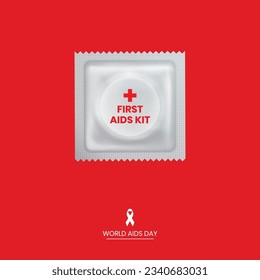AIDS Day creative design for social media and Banner. HIV Aids awareness campaign. Creative advertising design for aids awareness. A condom packet on a red background showing the first aid kit.