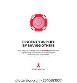 AIDS Day creative design for social media and Banner. HIV Aids awareness campaign. Use condom to protect from aids. Condom works like a life saving lifebuoy. 