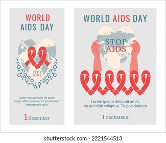 AIDS day poster, flyer. Human hands holding red AIDS ribbon. Earth in shape of heart with gender signs, lettering. Awareness of AIDS. Support for hiv infected people. Vector illustration