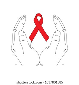 AIDS day. Ribbon in hands - one line drawing. Vector illustration continuous line drawing.