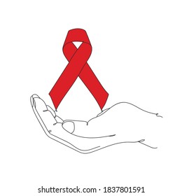 AIDS day. Ribbon in hands - one line drawing. Vector illustration continuous line drawing.