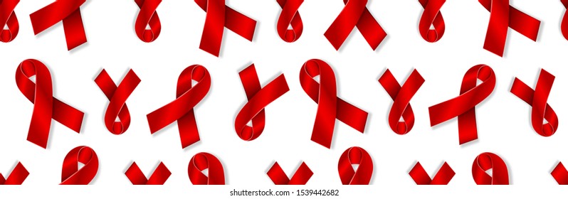 AIDS Day Seamless Pattern. Realistic Red Awareness Ribbon to World AIDS Day 1 December. HIV medical cover isolated on white. 3D Prevention Campaign web header, flyer, frame, announcement, add. Vector