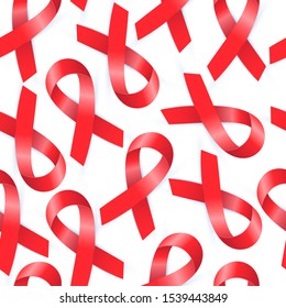 AIDS Day Seamless Pattern. Realistic Red Awareness Ribbon to World AIDS Day 1 December. HIV medical cover isolated on white. 3D Prevention Campaign web banner, flyer, frame, announcement, add. Vector