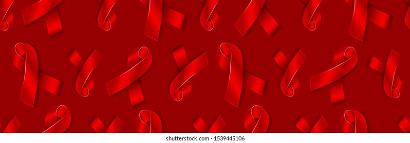 AIDS Day Seamless Pattern. Realistic Red Awareness Ribbon to World AIDS Day 1 December. HIV medical cover isolated on dark. 3D Prevention Campaign web header, flyer, frame, announcement, add. Vector