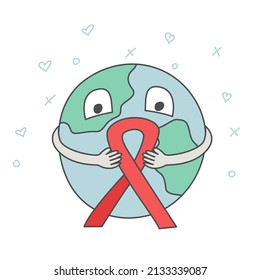 Día del SIDA. Ilustración vectorial de la Tierra Planetaria con cinta roja. Ilustración de un vector de protección mundial del SIDA.
