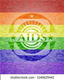 AIDS emblem on mosaic background with the colors of the LGBT flag