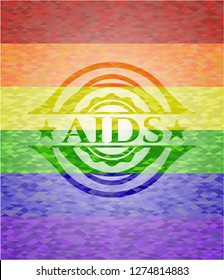 AIDS emblem on mosaic background with the colors of the LGBT flag