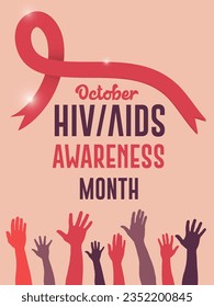 Aids and HIV Awareness Month October with text and red ribbon background poster design vector illustration.