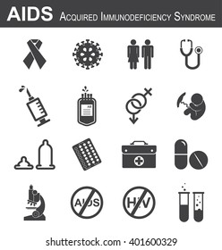 AIDS Icon( Red Ribbon,HIV Virus,man,woman,stethoscope,syringe,needle,blood Bag, Male , Female , Fetal ,condom, Birth Control Or Contraception Pills ,medical Bag, Antiviral Drug,microscope, Test Tube )