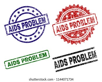 AIDS PROBLEM seal imprints with damaged style. Black, green,red,blue vector rubber prints of AIDS PROBLEM tag with corroded style. Rubber seals with circle, rectangle, medallion shapes.