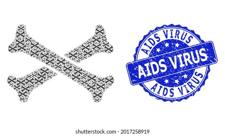 AIDS Virus dirty round stamp and vector recursive mosaic crossing bones. Blue stamp contains AIDS Virus tag inside round shape. Vector mosaic is created with recursive crossing bones pictograms.