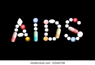 AIDS written with tablets, pills and capsules. Isolated vector illustration on black background.