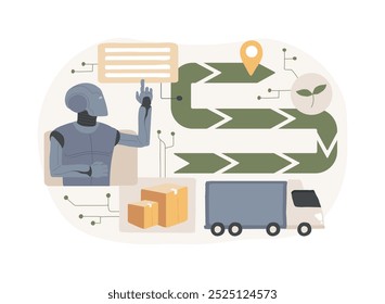 Ilustração de vetor de conceito abstrato da cadeia de suprimentos eco-amigável habilitada para IA. Gerenciamento da cadeia de fornecimento. Reduza o impacto ambiental com uma logística de baixo consumo de energia. Tecnologia AI. metáfora abstrata.