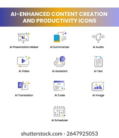 AI-Enhanced Content Creation and Productivity Icon Set - Ferramentas para ícones de Imagem, Vídeo, Áudio, Texto e Gerenciamento de fluxo de trabalho. Ilustração vetorial. 