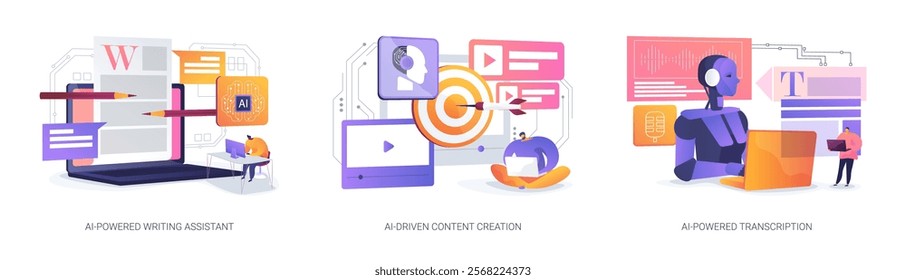 AI-enhanced Content Creation tools abstract concept vector illustration set. AI-Powered Writing Assistant, AI-Driven Content Creation, AI-Powered Transcription, grammar correction abstract metaphor.