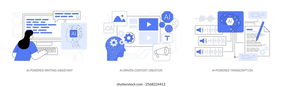 AI-enhanced Content Creation tools abstract concept vector illustration set. AI-Powered Writing Assistant, AI-Driven Content Creation, AI-Powered Transcription, grammar correction abstract metaphor.