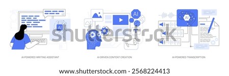 AI-enhanced Content Creation tools abstract concept vector illustration set. AI-Powered Writing Assistant, AI-Driven Content Creation, AI-Powered Transcription, grammar correction abstract metaphor.