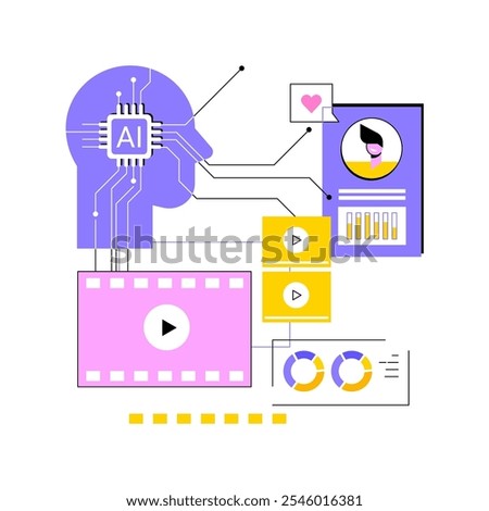 AI-Enhanced Content Recommendation abstract concept vector illustration. Entertainment. Movies, music, and games based on guest preferences and viewing history. AI Technology. abstract metaphor.
