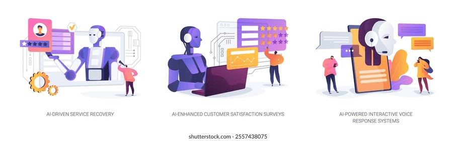 AI-Enhanced Customer Service abstract concept vector illustration set. AI-Driven Service Recovery, Customer Satisfaction Surveys, AI-Powered Interactive Voice Response Systems abstract metaphor.