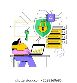 ILUSTRACIÓN VECTORIAL de concepto abstracto de seguridad de datos mejorada por IA. Análisis de datos. Detección de intrusiones con IA, análisis de amenazas y métodos de cifrado. AI Tecnología. metáfora abstracta.