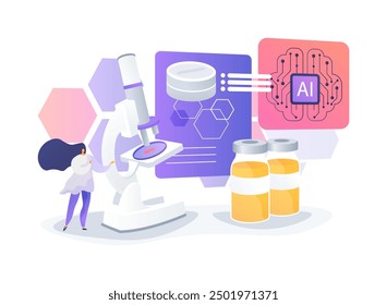 AI-Enhanced Drug Discovery abstract concept vector illustration. Healthcare. AI-powered simulations and data analysis. Pharmaceutical and biopharma research. AI Technology. abstract metaphor.