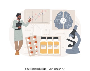 AI-Enhanced Drug Discovery abstraktes Konzept, Vektorgrafik. Forschung und Entwicklung. Neue Medikamente, Wirksamkeitsanalyse, KI-Simulationen und Datenanalyse. KI-Technologie. abstrakte Metapher.