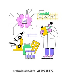 AI-Enhanced Drug Discovery abstraktes Konzept, Vektorgrafik. Forschung und Entwicklung. Neue Medikamente, Wirksamkeitsanalyse, KI-Simulationen und Datenanalyse. KI-Technologie. abstrakte Metapher.