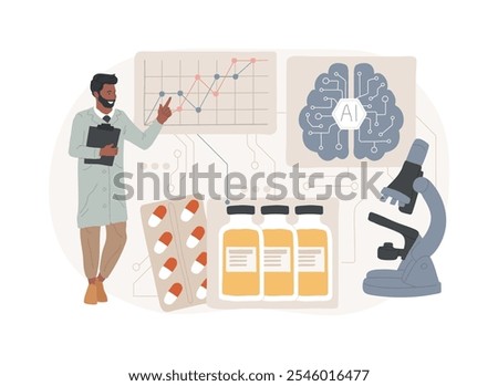 AI-Enhanced Drug Discovery abstract concept vector illustration. Research and Development. New drugs, effectiveness analysis, AI simulations and data analysis. AI Technology. abstract metaphor.