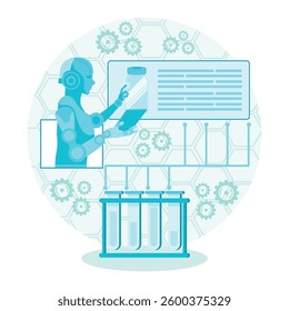 AI-Enhanced Drug Discovery concept. Futuristic Robotic Research Laboratory with Advanced Technology and Scientific Tools. Flat vector modern illustration 