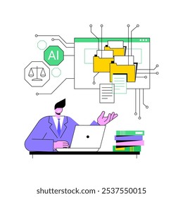 AI-Enhanced E-Discovery abstraktes Konzept, Vektorgrafik. Rechtsberatung. Überprüfung und Klassifizierung von Dokumenten. Erstellen Sie Fallbeispiele und bereiten Sie sich auf die Testversion vor. KI-Technologie. abstrakte Metapher.