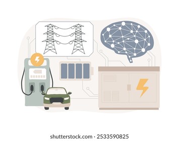 AI-Enhanced Energy Storage Solutions abstraktes Konzept, Vektorgrafik. Energie. Fortschrittliche Energiespeicher-Batterien, optimieren die EV-Aufladung. Gitterstabilität. KI-Technologie. abstrakte Metapher.