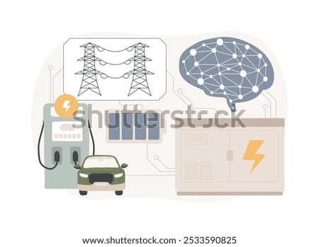 AI-Enhanced Energy Storage Solutions abstract concept vector illustration. Energy. Advanced energy storage batteries, optimize EV charging. Grid stability. AI Technology. abstract metaphor.