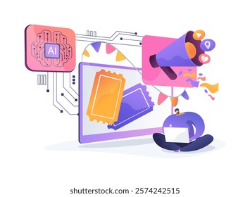 AI-Enhanced Event Management abstract concept vector illustration. Public Relations. Organize and promote events, AI-based ticketing, marketing, and audience engagement. abstract metaphor.