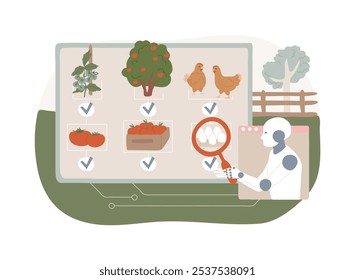 ILUSTRACIÓN VECTORIAL del concepto abstracto de seguridad alimentaria mejorada por IA. Agricultura. Seguimiento y seguimiento de la IA de posibles contaminantes en la cadena alimentaria. AI Tecnología. metáfora abstracta.