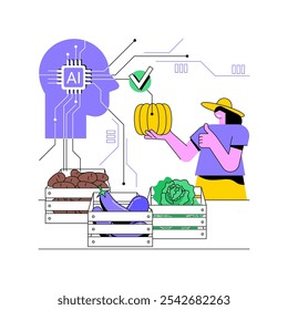 ILUSTRACIÓN VECTORIAL del concepto abstracto de seguridad alimentaria mejorada por IA. Agricultura. Seguimiento y seguimiento de la IA de posibles contaminantes en la cadena alimentaria. AI Tecnología. metáfora abstracta.