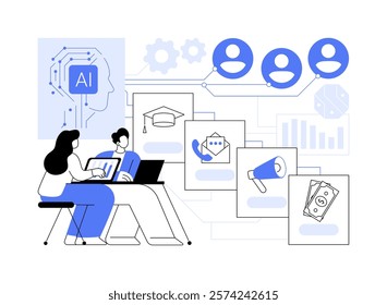 AI-Enhanced Lead Nurturing abstract concept vector illustration. AI automating follow-ups, delivering relevant content, improving engagement, managing sales funnels abstract metaphor.