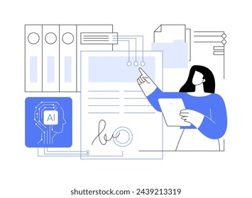 Ilustración vectorial de concepto abstracto de cumplimiento legal mejorado por IA. Servicios jurídicos. Uso de herramientas de IA que rastrean y administran los cambios regulatorios. Tecnología AI. metáfora abstracta.