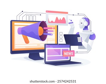 AI-Enhanced Media Monitoring abstract concept vector illustration. Public Relations. Monitor online news, social media and public opinion about a brand. AI Technology. abstract metaphor.