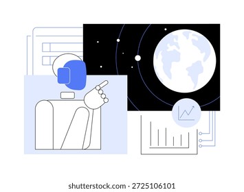 Ilustração vetorial de conceito abstrato de Otimização de Trajetória Orbital Aprimorada por IA. Exploração Espacial. Otimização de trajetória orbital guiada por IA melhora a eficiência e a percepção. metáfora abstrata.