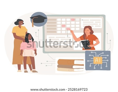 AI-Enhanced Parent-Teacher Communication abstract concept vector illustration. Education. Parents and educators communicate with AI tools and progress updates. AI Technology. abstract metaphor.