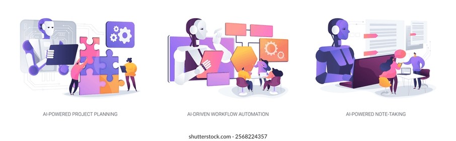 AI-enhanced productivity software and applications. abstract concept vector illustration set. AI-Powered Project Planning, AI-Driven Workflow Automation, AI-Powered Note-Taking abstract metaphor.