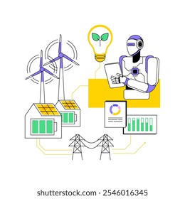 Ilustração vetorial do conceito abstrato de Energia Renovável Melhorada pela IA. Gestão Ambiental. Otimizando as operações de energia verde dos parques solares e eólicos com a tecnologia de IA. metáfora abstrata.